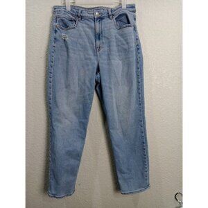 American Eagle Mom Jeans Women's Size 12 Crop Blue Distressed Knee Light Wash